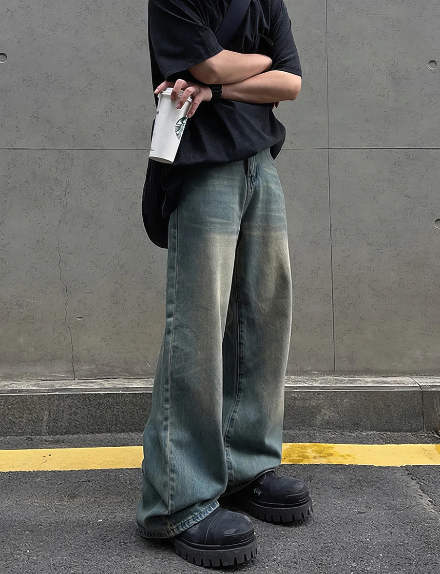 

Мужские винтажные джинсы Waed в американском уличном стиле, свободные прямые брюки, длинные штаны с эффектом грязевого окрашивания, рабочие брюки в стиле Dad, повседневные джинсы