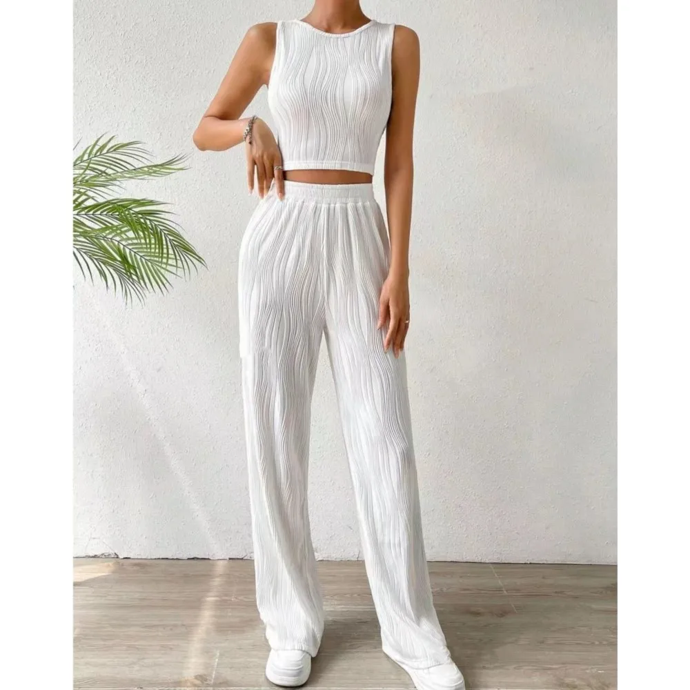 Slim Crop Top And Trousers Two Piece Set For Women 2024 Summer Solid Color Round Neck Tank Top Straight Tube Pants Suits Outfits