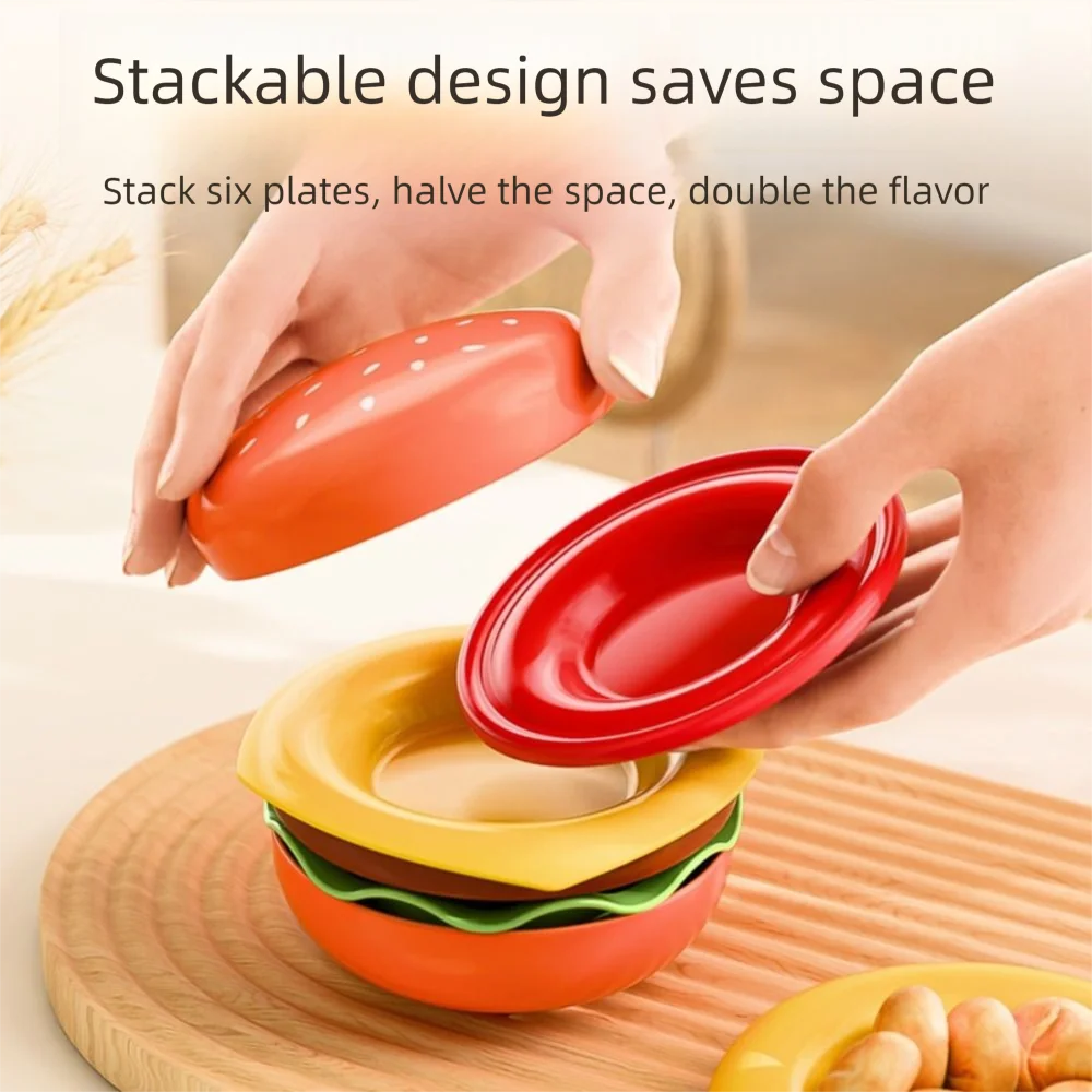 

2Set Stackable Cartoon Burger Seasoning Dish Set Creative 6-Layer Candy Dessert Plate Space Saving Food Grade
