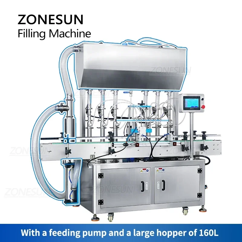 ZONESUN Automatic 6 Heads Paste Filling Machine Servo Motor Viscous Liquid Cream Shampoo Honey Ketchup Piston Filler 160L Hopper