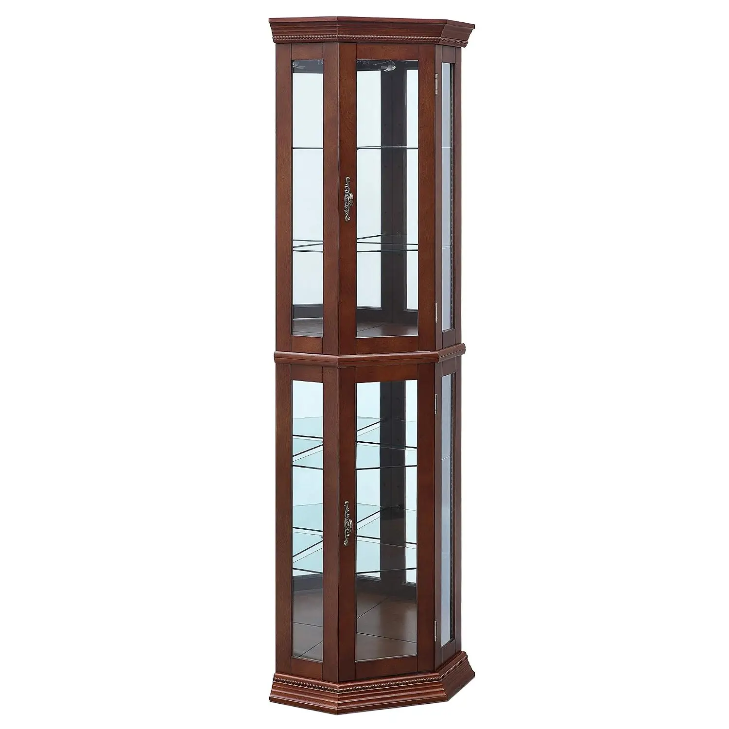 Lighted Wooden Corner Display Curio Cabinet, Two Section Shelving Unit with Tempered Glass Door, Bar and Liquor, Customized
