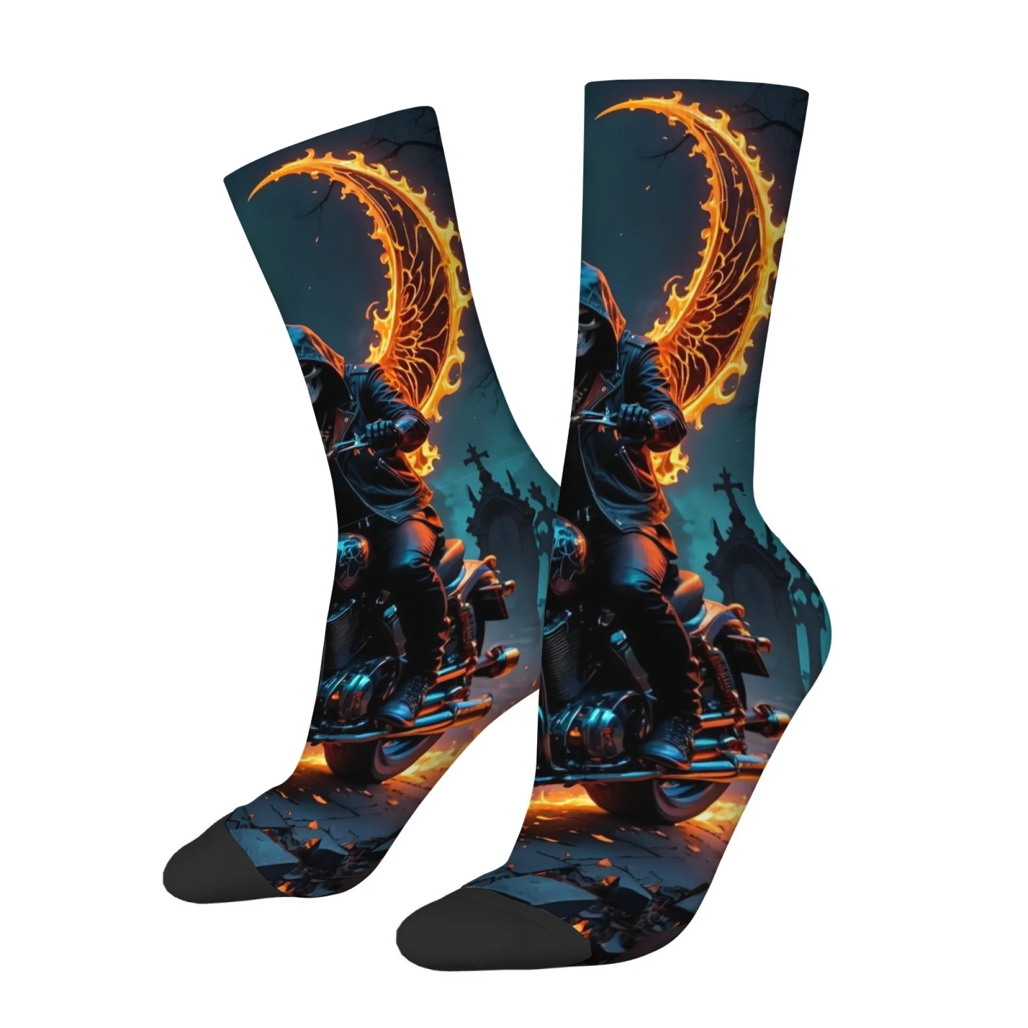 Moon and Skull Motorcycle Print Men's Socks Comfortable Breathable Soft Socks Quirky Hip Hop Fashion Fun Sports Cycling Socks