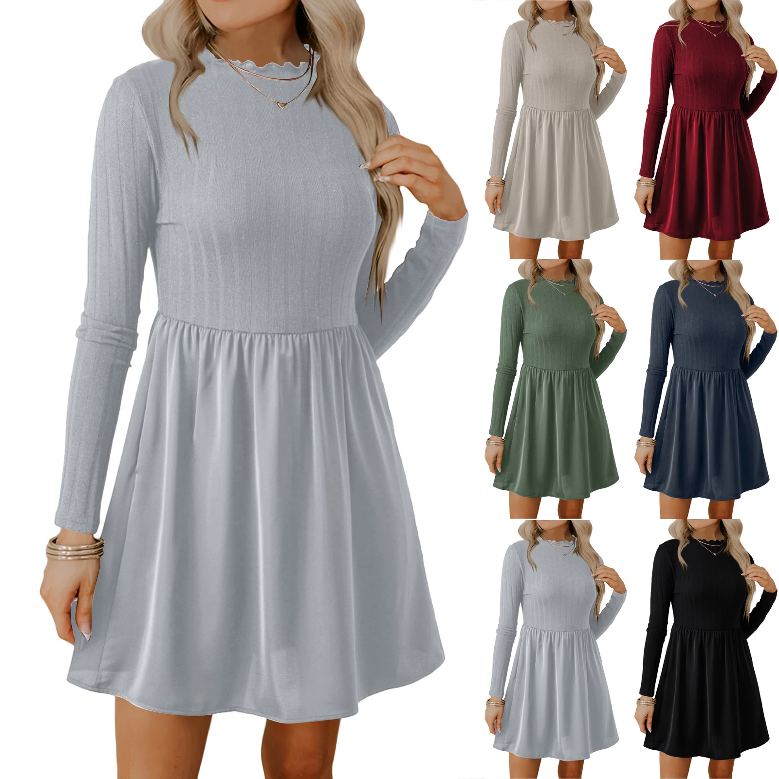 الربيع/الخريف سترة المرقعة فستان المرأة موضة تكدرت طوق فستان بأكمام طويلة الصلبة عادية تنوعا فساتين قصيرة #5