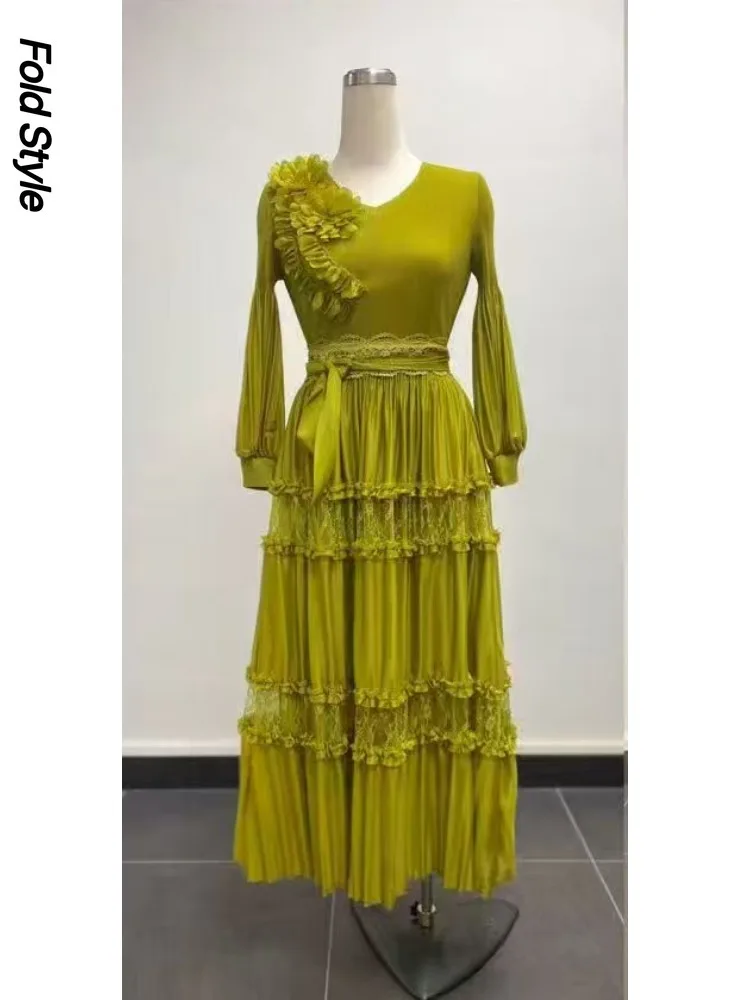 

Miyake плиссированное французское кружевное платье с v-образным вырезом и рукавами-фонариками, свободное модное длинное платье, женская одежда