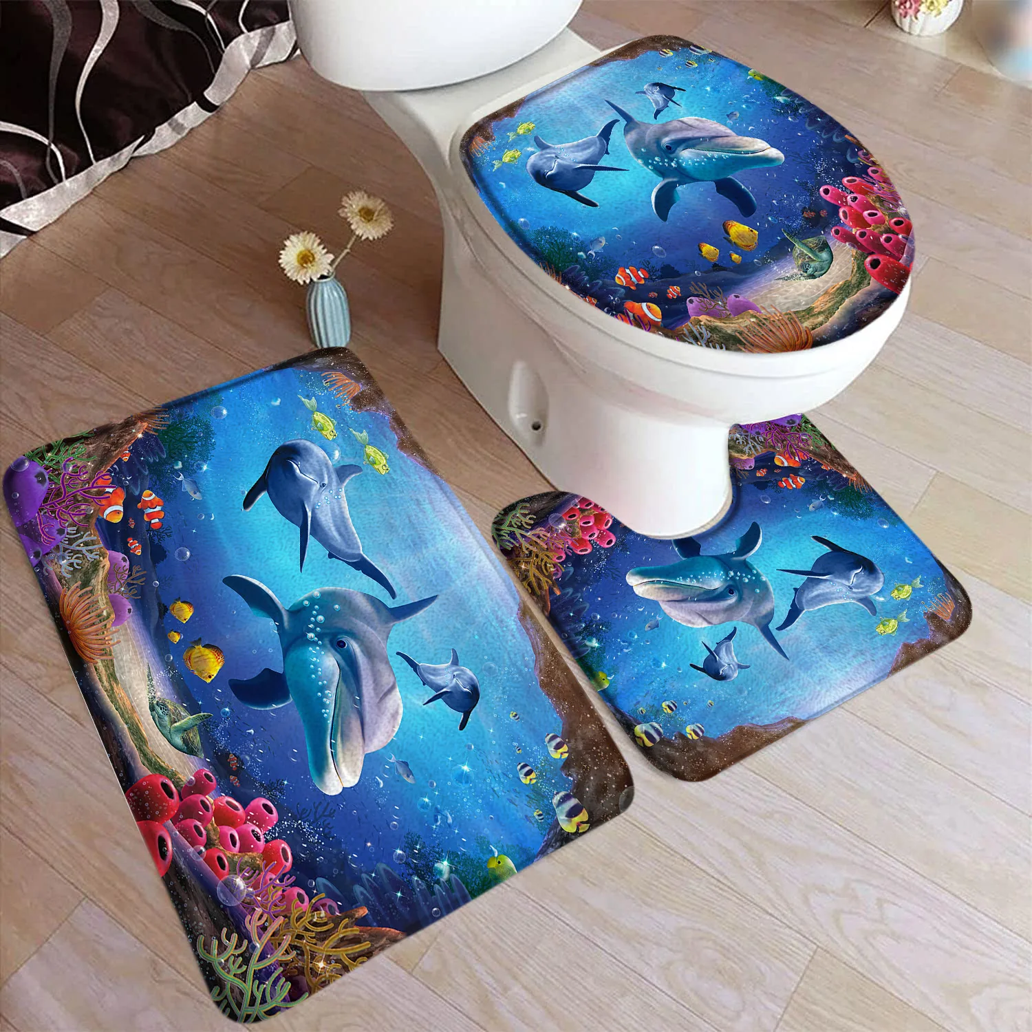 Funny Dolphin Sea Turtle Bath Mat Set Marine Animals Fish Coral Underwater Scenery Home Bathroom Decor Rugs U-Mats Toilet Cover