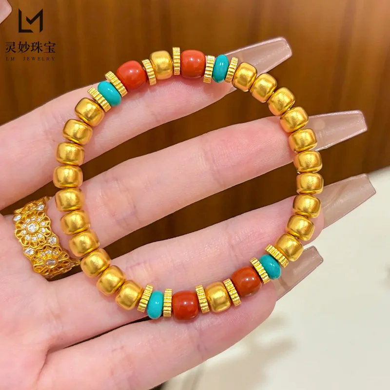

9999 ancient method engraved old beads Nan red bracelet 24K real gold fortune beads year bracelet retro gift for girlfriend