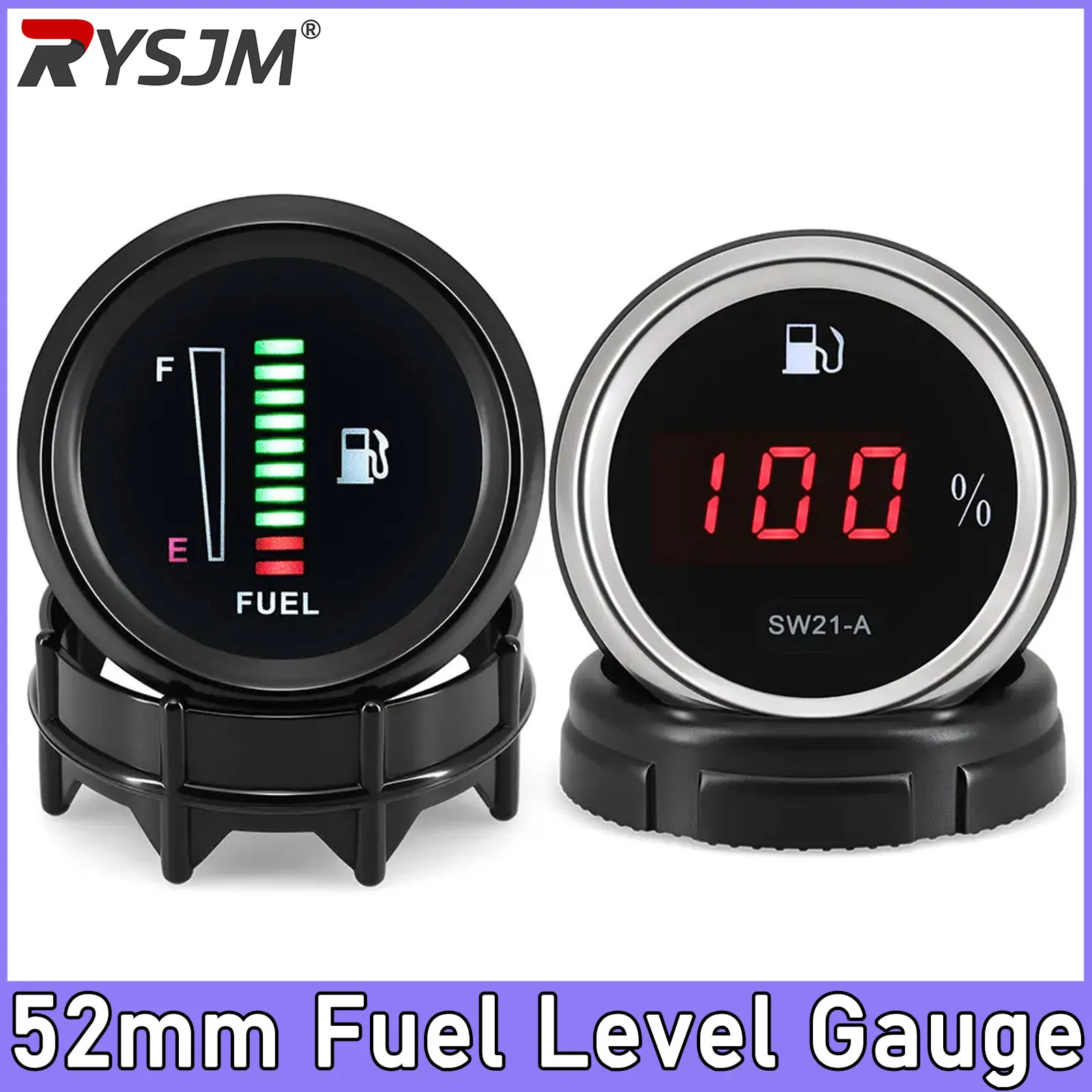 Medidores de Combustible LED de 52 mm, 0-190 ohmios, Pantalla E-1/2-F, Medidores de Nivel de Combustible, Instrumento Negro de 240-33 ohmios con Retroiluminación Roja o Verde