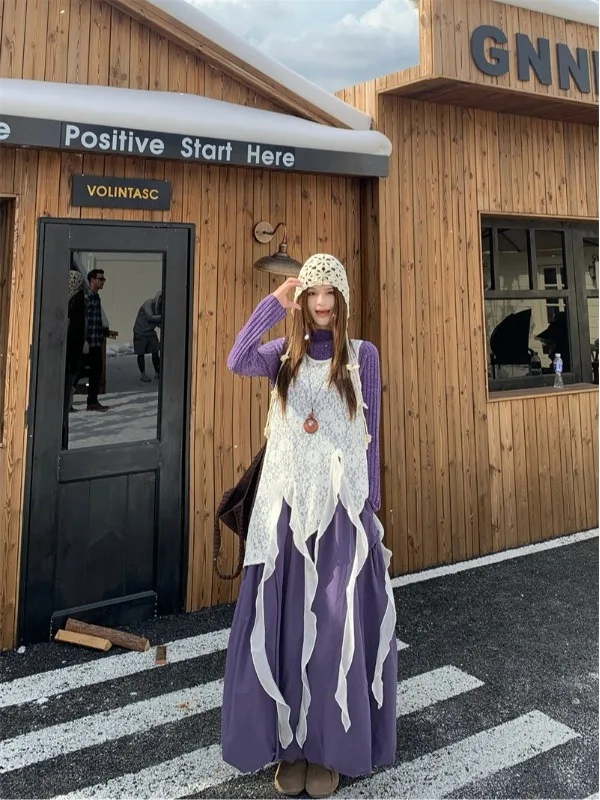 

Ретро-модный фиолетовый комплект для женщин: новая футболка, многослойная юбка с кружевом и топ с завышенной талией, комплект из трех предметов, весна 2026