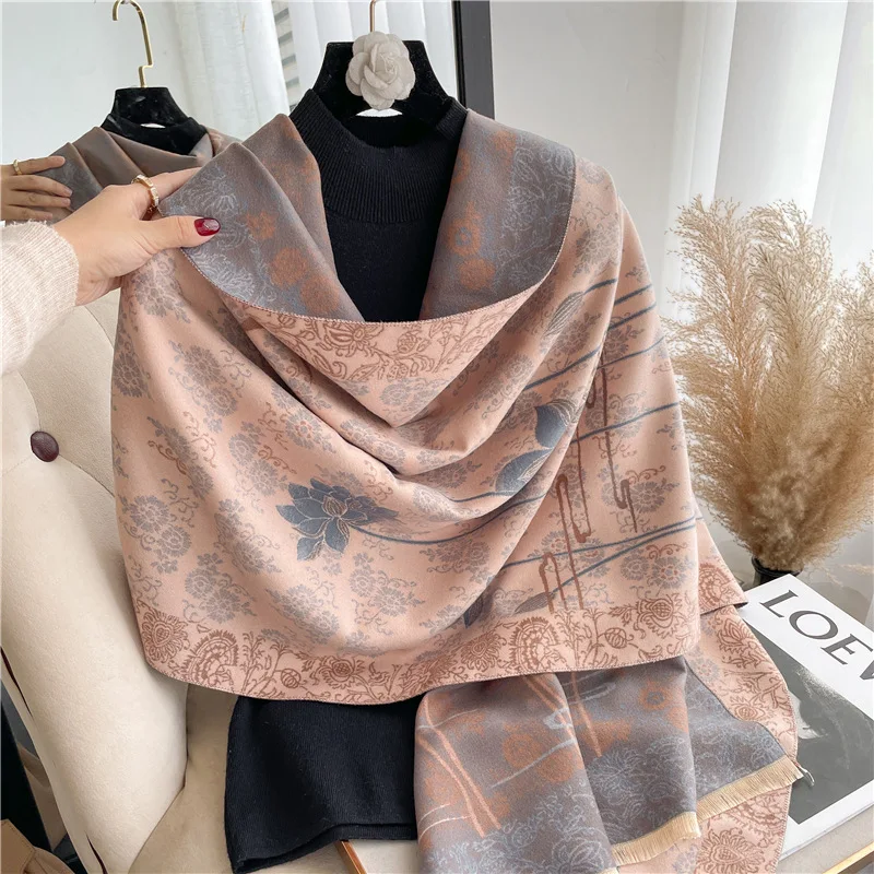 Double-Sided Imitation Cashmere Scarf for Women, Blue and White Porcelain Pattern, Warm Thick Shawl, Autumn and Winter, 180x65cm