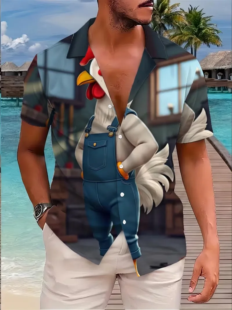 

Мужская забавная гавайская рубашка с принтом мускулистого петуха, мультяшный цыпленок в комбинезоне, графический принт, короткий рукав, на пуговицах, рубашка-алоха