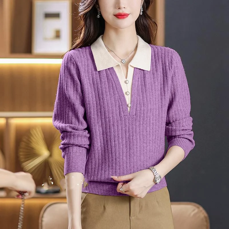 Polo T-shirt Spring Autumn Pullovers Top Women's 2023 New Simple Loose Slim Long Sleeve Knitted Thin Sweater Underlay Shirt