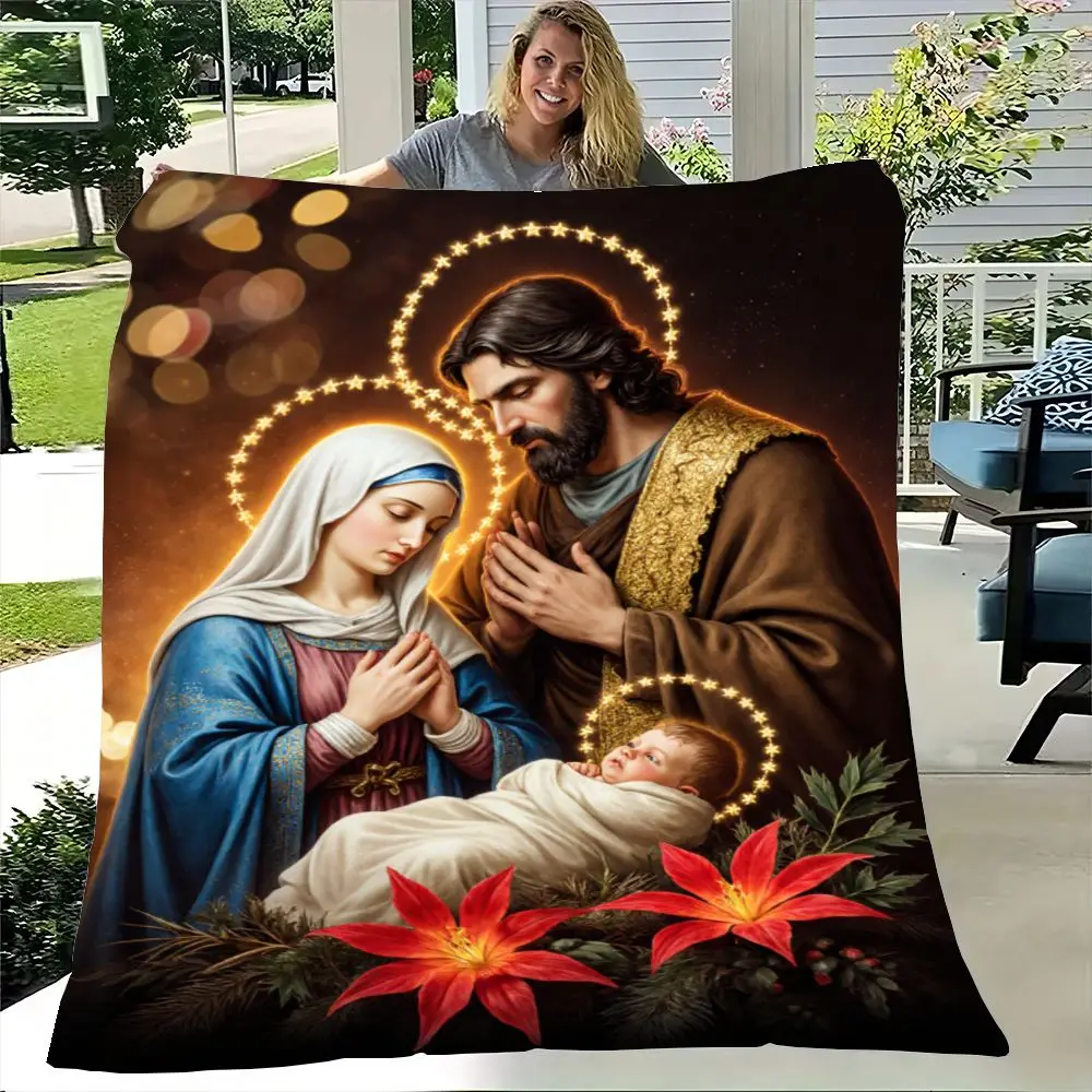 بطانية دينية للعائلة المقدسة - رمي ناعم من الألياف الدقيقة يتميز بميزة ماري وزوزيف وطفل يسوع في مشهد عيد الميلاد الاحتفالي، إليجا
