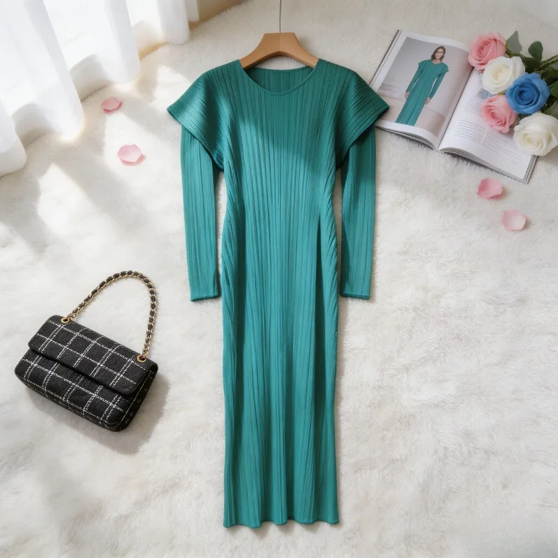 

Miyake Pleated 2026 Dress Spring Summer New Original Solid Color Pleated Patchwork Loose Round Neck Long Sleeve Long Dress Pleat