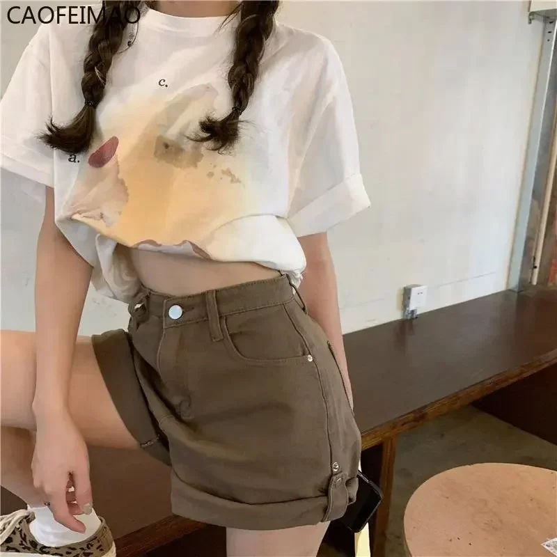 Caofeimao Solid Crimping Shorts Denim Women High Waist Simple Korean Style A-line Vintage Students All-match Fashion Streetwear