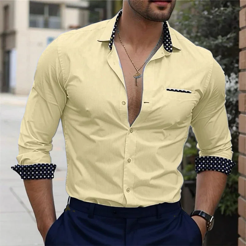 

2024 new business casual men's shirt long sleeved solid color printed lapel pocket daily beach vacation comfortable top