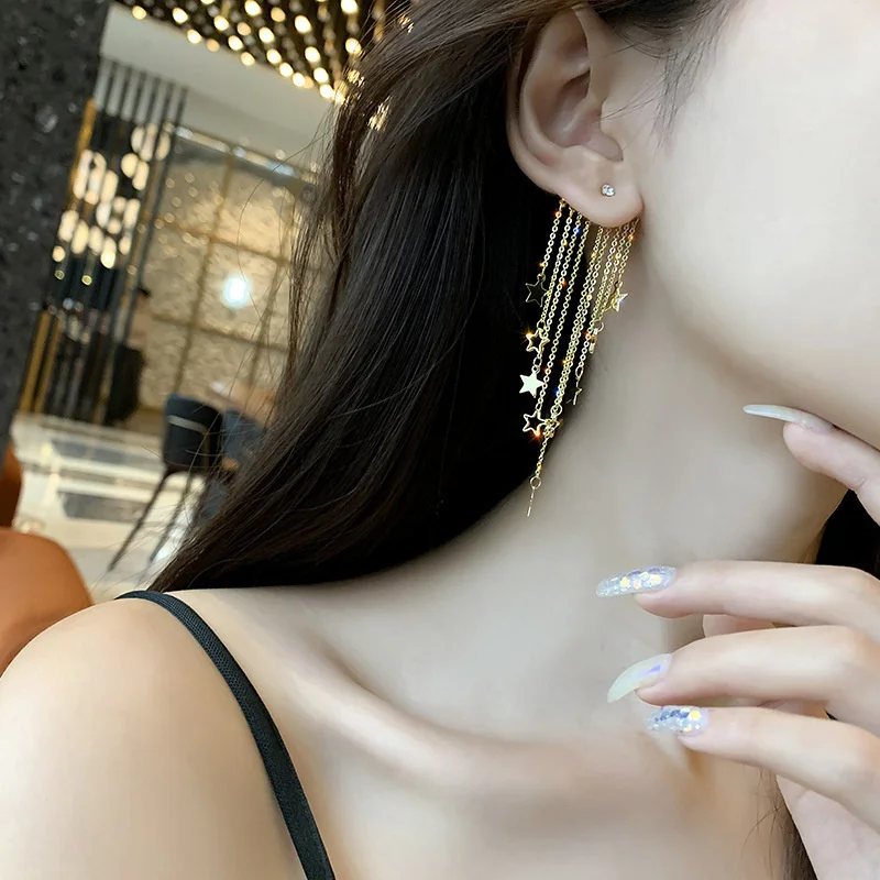 New Trend Gold Color Star Earth Long Tassel Dangle Earrings For Women Statement Pendant Earrings Wedding Party Jewelry Gifts