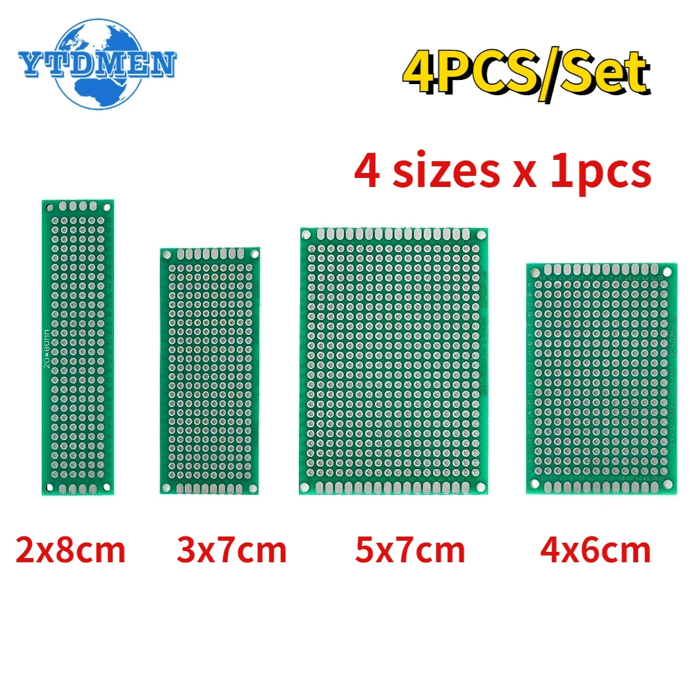 4PCS Universal PCB Board Kit Green Double Sided Prototype Boards 2x8cm 3x7cm 4x6cm 5x7cm Protoboard DIY Electronic Kit