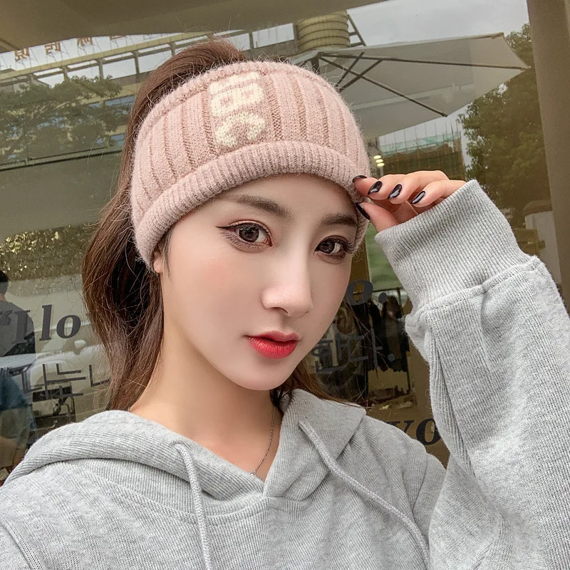 Autumn and Winter Knitted Woolen Hat Sports Wrap Hat Hollow Top Hat Ponytail Hat Soft Fabric Hairband Pullover Hat