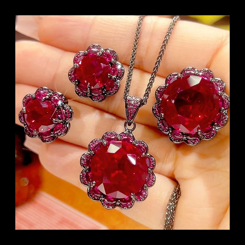 

2025 New Zhuang Shengsheng Jewelry Copper Bottom Gold-plated Simulation Red Corundum Black Gold Luxury Inlay Set Female