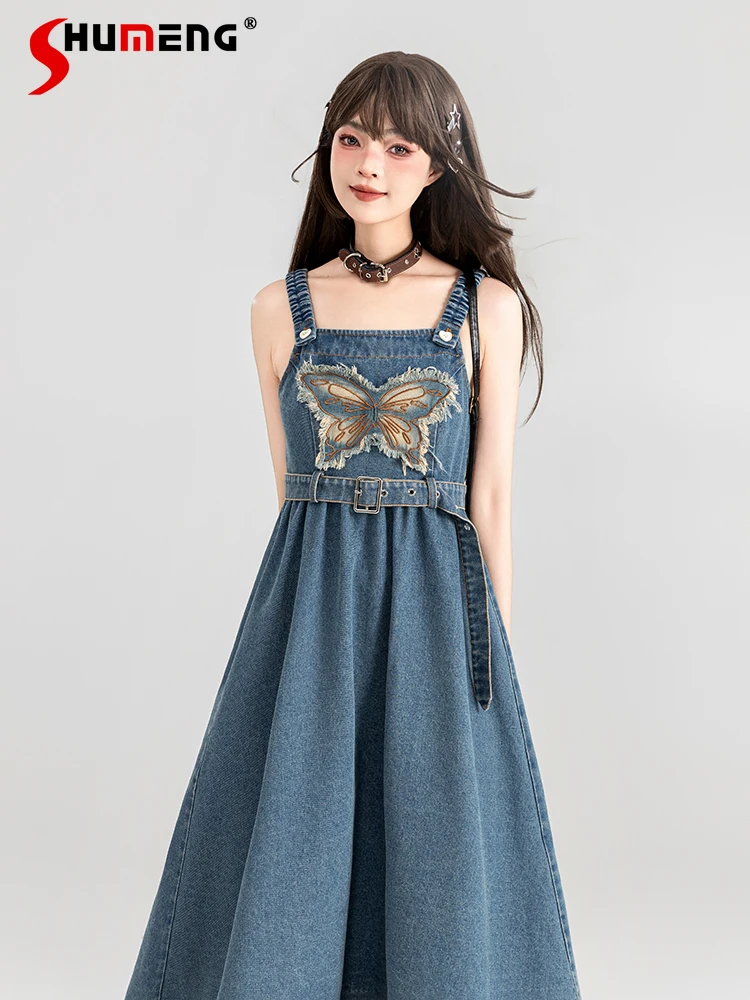 

Vintage Denim Dress Butterfly Embroidered Patch Lace-up Ruffles Edges High Waist Belt A-line Sleeveless Sling Long Dresses Women