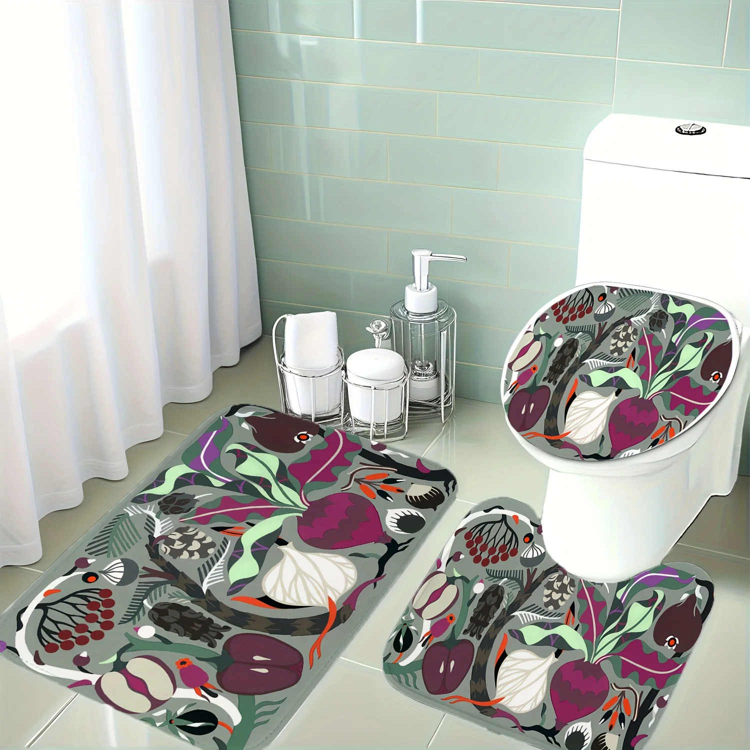 Luxury Floral Bathroom Mat Set 3pcs Washroom Rug Floor Mat Home Decor Botanical Tropical Design for Bathing Area