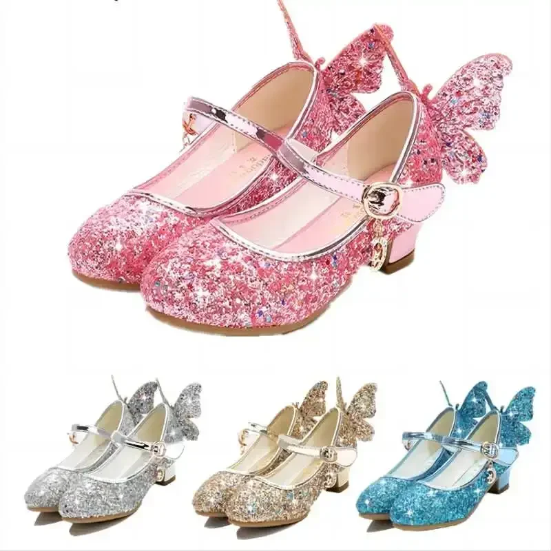 Principessa farfalla scarpe in pelle bambini diamante Bowknot tacco alto bambini ragazza danza Glitter scarpe moda ragazze partito scarpe da ballo