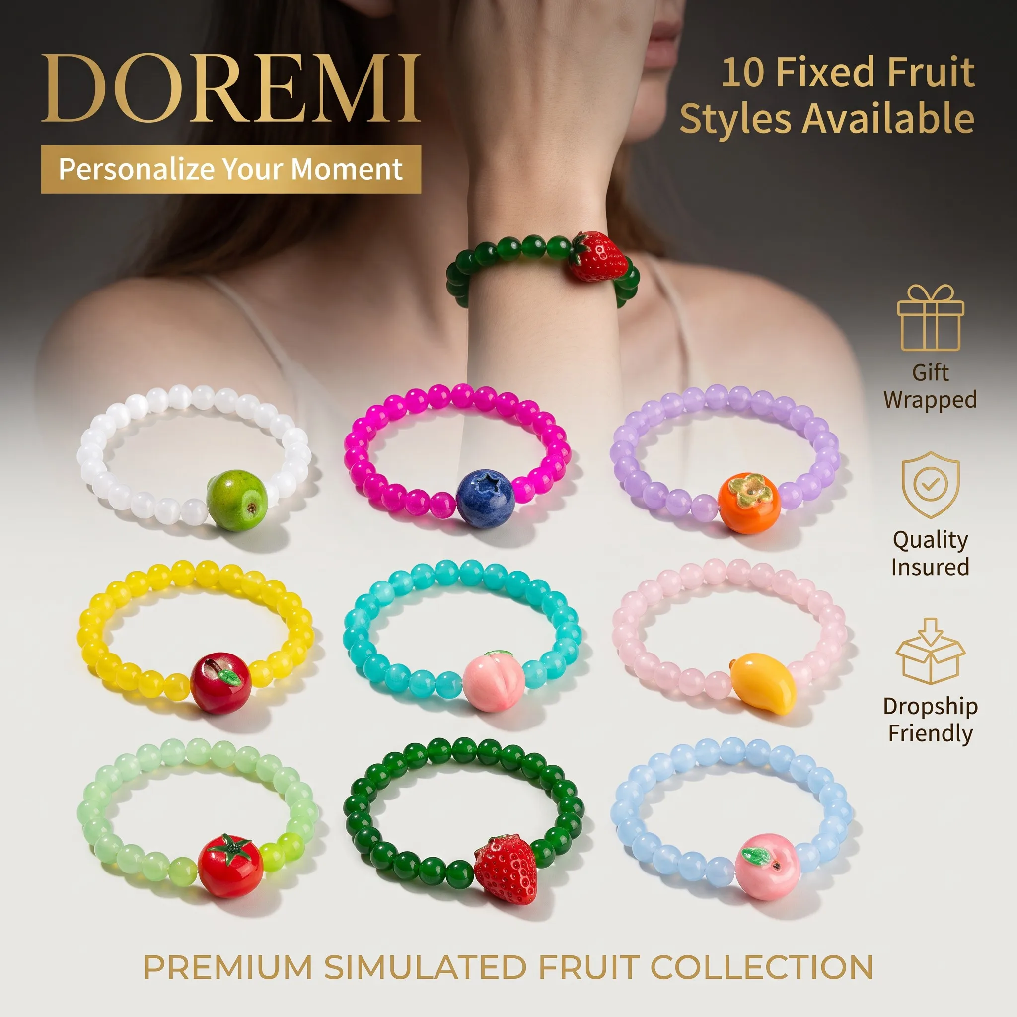 DOREMI Fruitcore Realistic Fruit Beaded Bracelet Elastic Stretch 3D Resin Strawberry Peach Y2K Dopamine Summer Jewelry Bracelet