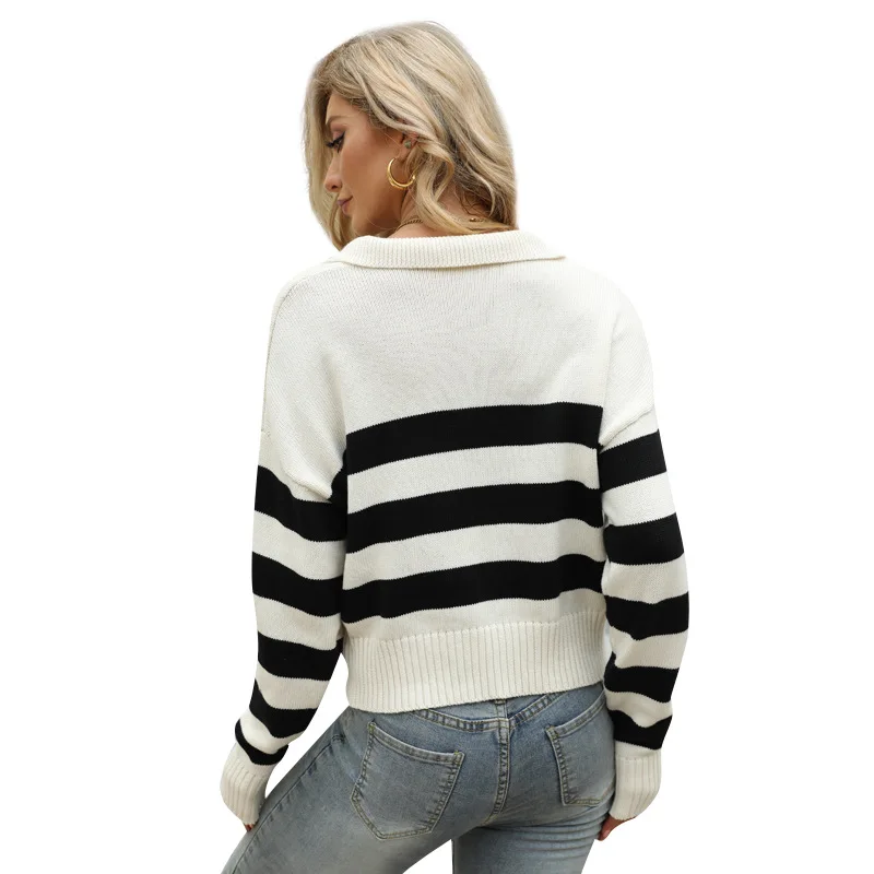 2024 Spring Autumn New Long Sleeve POLO Collar Cotton Knitted Top Women\'s Loose Stripe Contrast Pullover Sweater Women