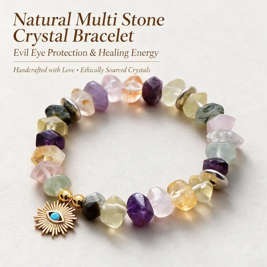 Custom Handmade Natural Mixed Crystal Stone Faceted Beads Evil Eye Sun Pendant Stretch Bracelet Boho Yoga Jewelry For Women Gift