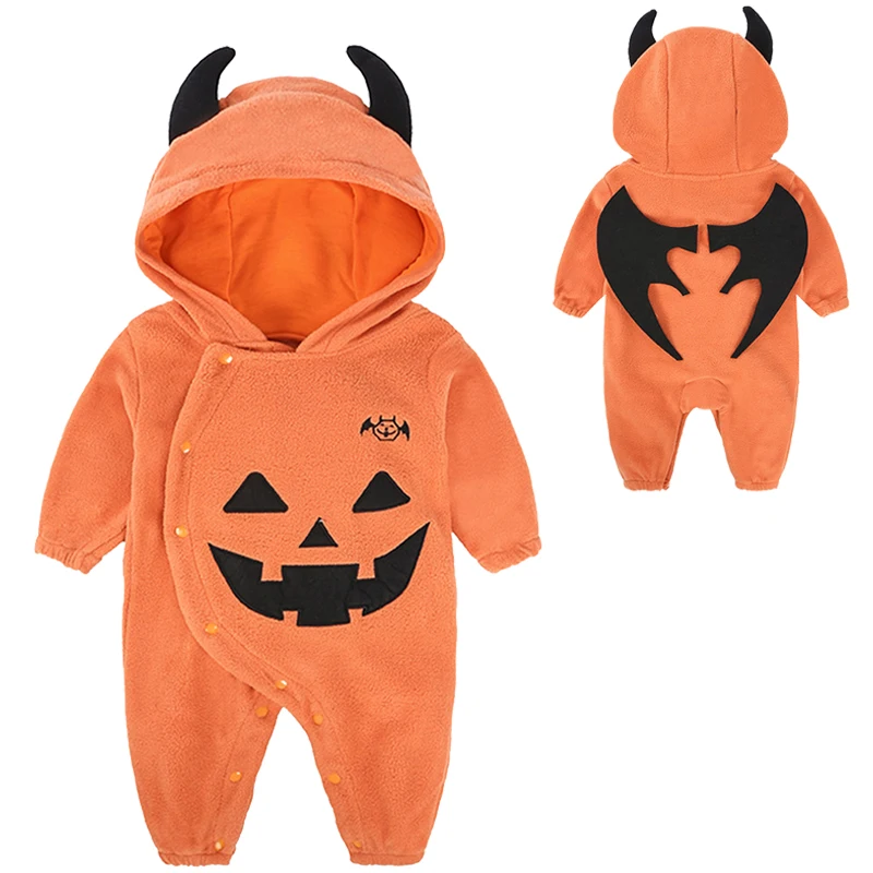 Cute Halloween Baby Romper Fashion Pumpkin Demon Cosplay Costume Fleece Infant Girl Jumpsuit 3 6 12 18 24 Month Baby Boy Clothes