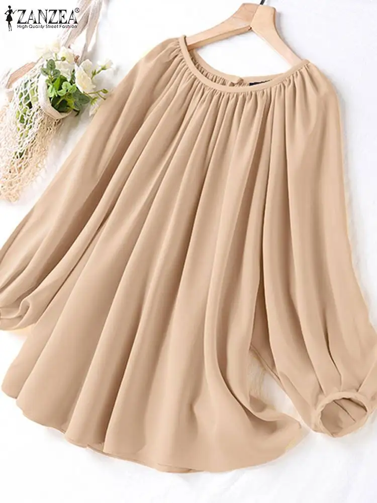 Zanzea 2024 Sommer Rundhals ausschnitt blusas elegante Laterne 3/4 Ärmel Bluse Vintage Frauen Satin Tops Tunika koreanische feste Falten hemd