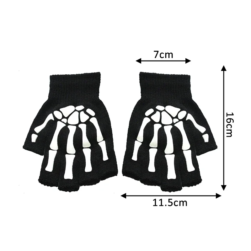 Adult Kid Luminous Gloves Halloween Bone Skeleton Head Gag Half Finger Mitten Winter Warm Fitness Cycling Glove Glow In The Dark