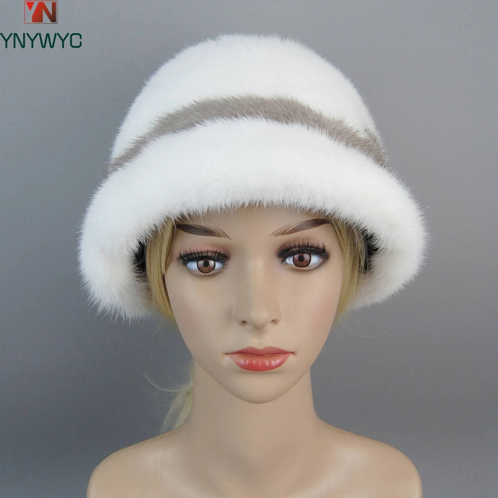 2024 New Russian Girl Soft Knitting Real Fur Bucket Hats Woman Winter Solid Mink Caps With Fashion arrow Natural Mink Fur Hats