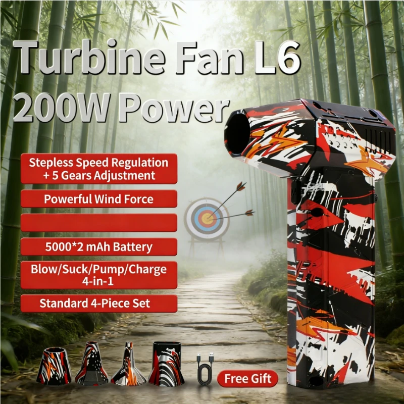 

200 Вт мощный турбинный вентилятор L6 4-в-1, многофункциональный двойной аккумулятор, долговечный набор аксессуаров из 4 предметов, пистолет для мойки автомобиля