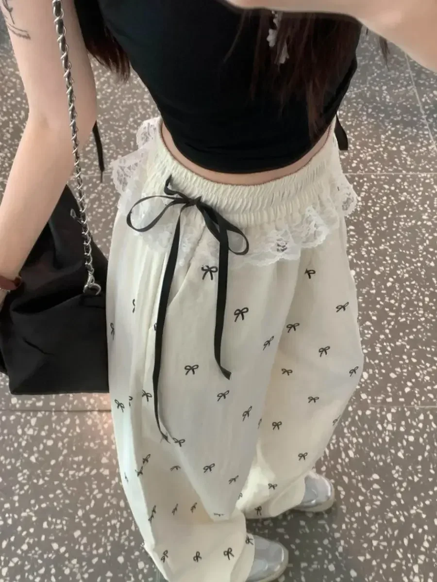 College Chic Cute Bow Knot Full Printed Pants White Lace Patchwork Sweet Ladies Casual Trousers Summer Loose Straight Long Pants