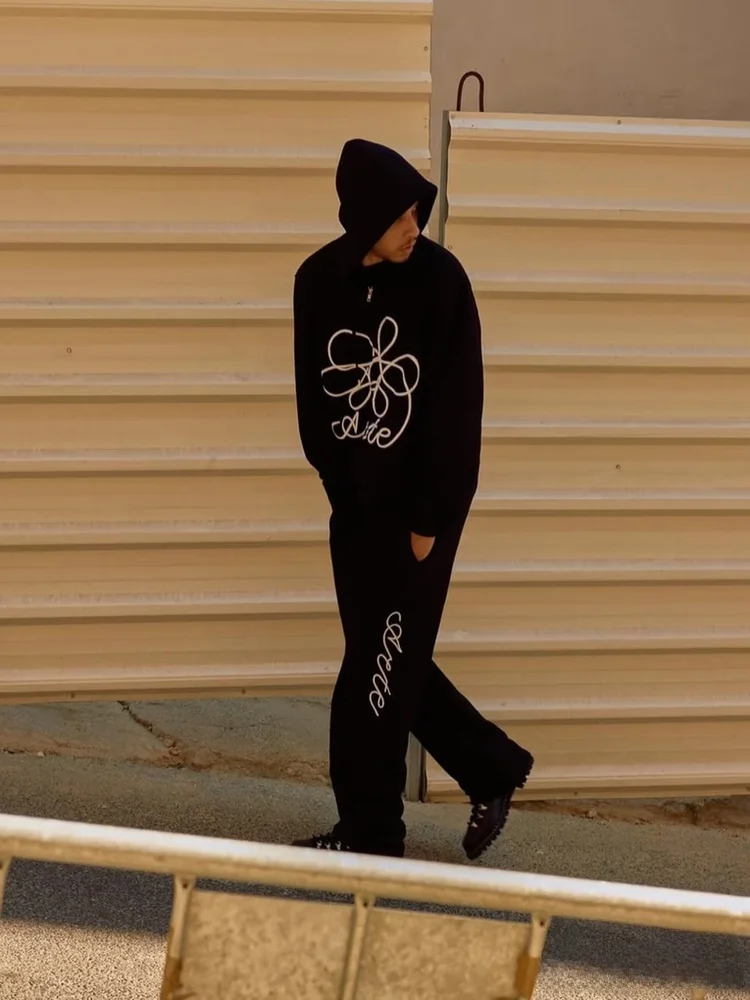 

Классическая толстовка на молнии с цветочной вышивкой, мужская и женская, комплект из хлопка, свободный крой, с длинным рукавом, для повседневной носки