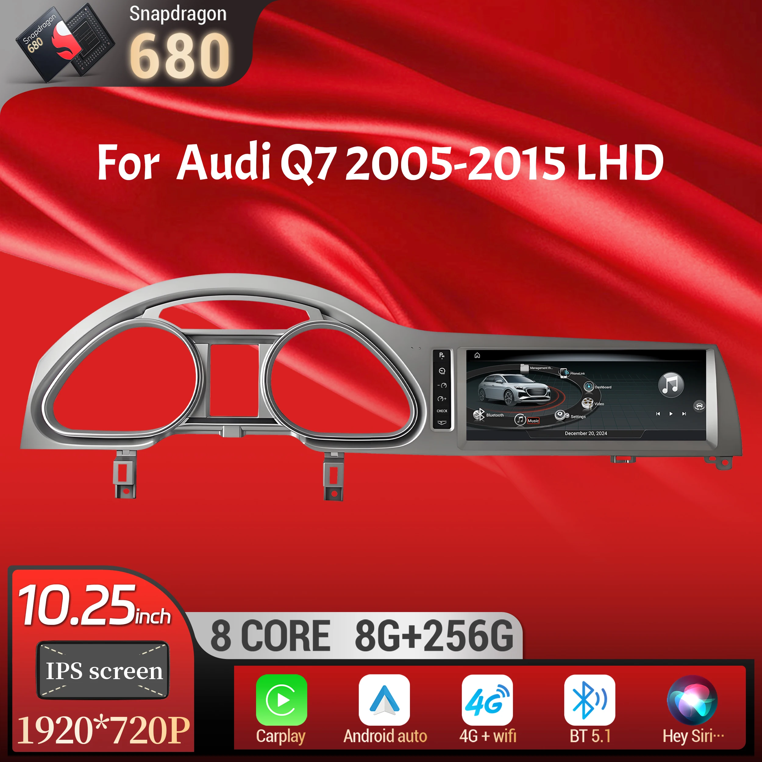 10.25 inch Android 14 Left Hand Drive Car Radio For Audi Q7 2005-2015 Wireless Carplay Qualcomm Snapdragon 680 Head Unit Screen