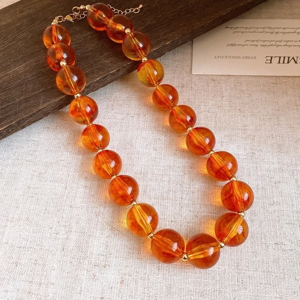 Bohemian Style Acrylic Beaded Necklace Round Beaded Chunky Design Elastic Neck Chain Multi-color Elastic Closure