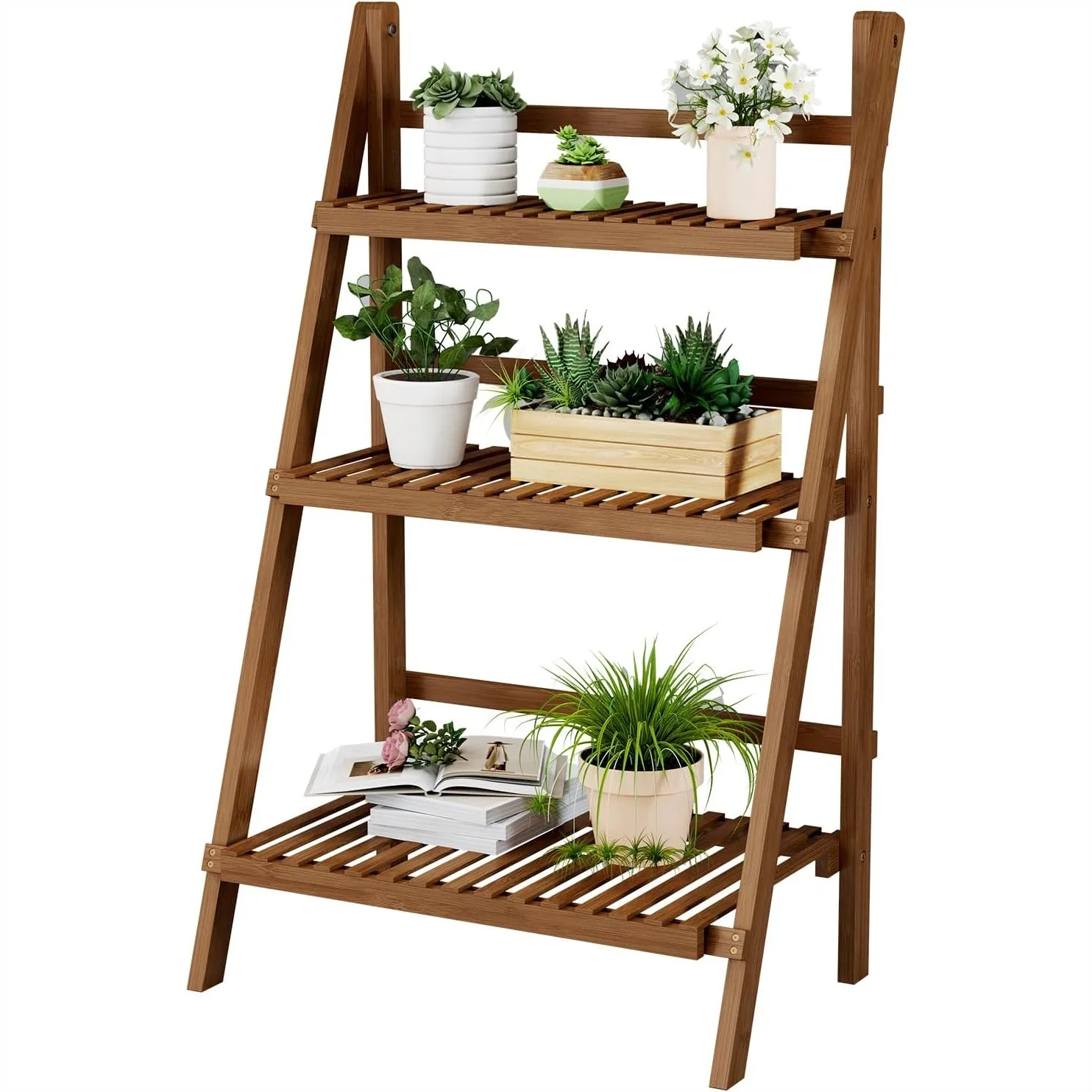 

Bamboo Ladder Shelf 3-Tier Plant Stand, 39.4" Foldable Bookshelf for Garden Patio Balcony Living Room, Natural Walnut