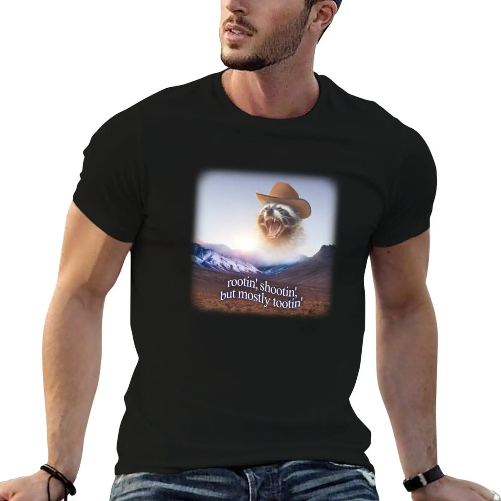 rootin shootin but mostly tootin cowboy raccoon word art T-Shirt Simple Graphic Design T-Shirt