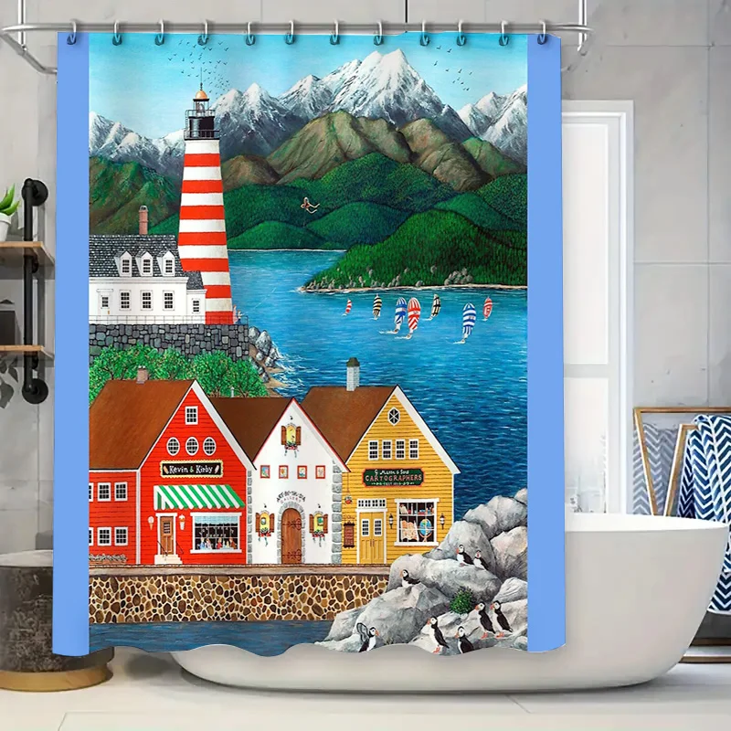 

Coastal Ocean Wave Bathroom Decor Shower Curtain Set Nautical Beach Seascapes Liner