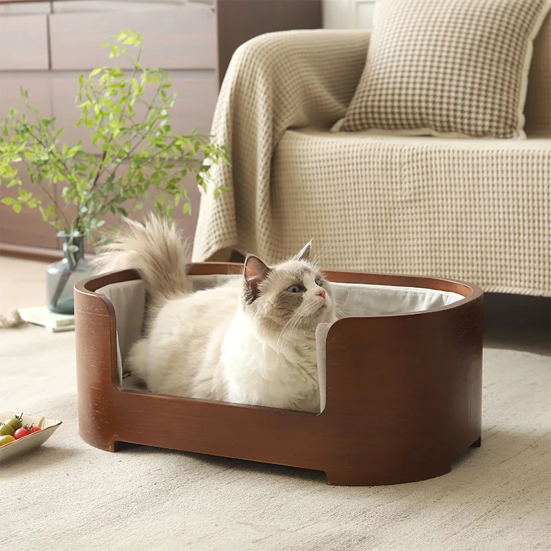 Pet Bed for Cats & Small Dogs Solid Wood All-Season Oval Minimalist Eco-Friendly Handmade Home Decor Removable Washable Stock