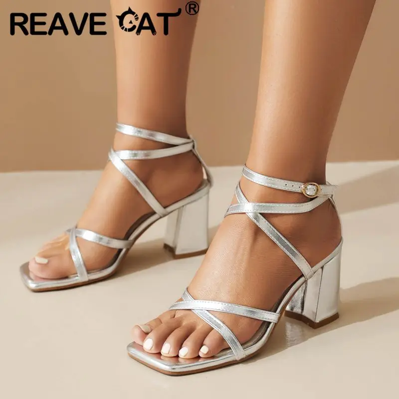 REAVE CAT Brand Women Sandals Toe Block High Heels 8cm Shoes Ankle Strap Size 45 46 Concise Daily Female Shoes