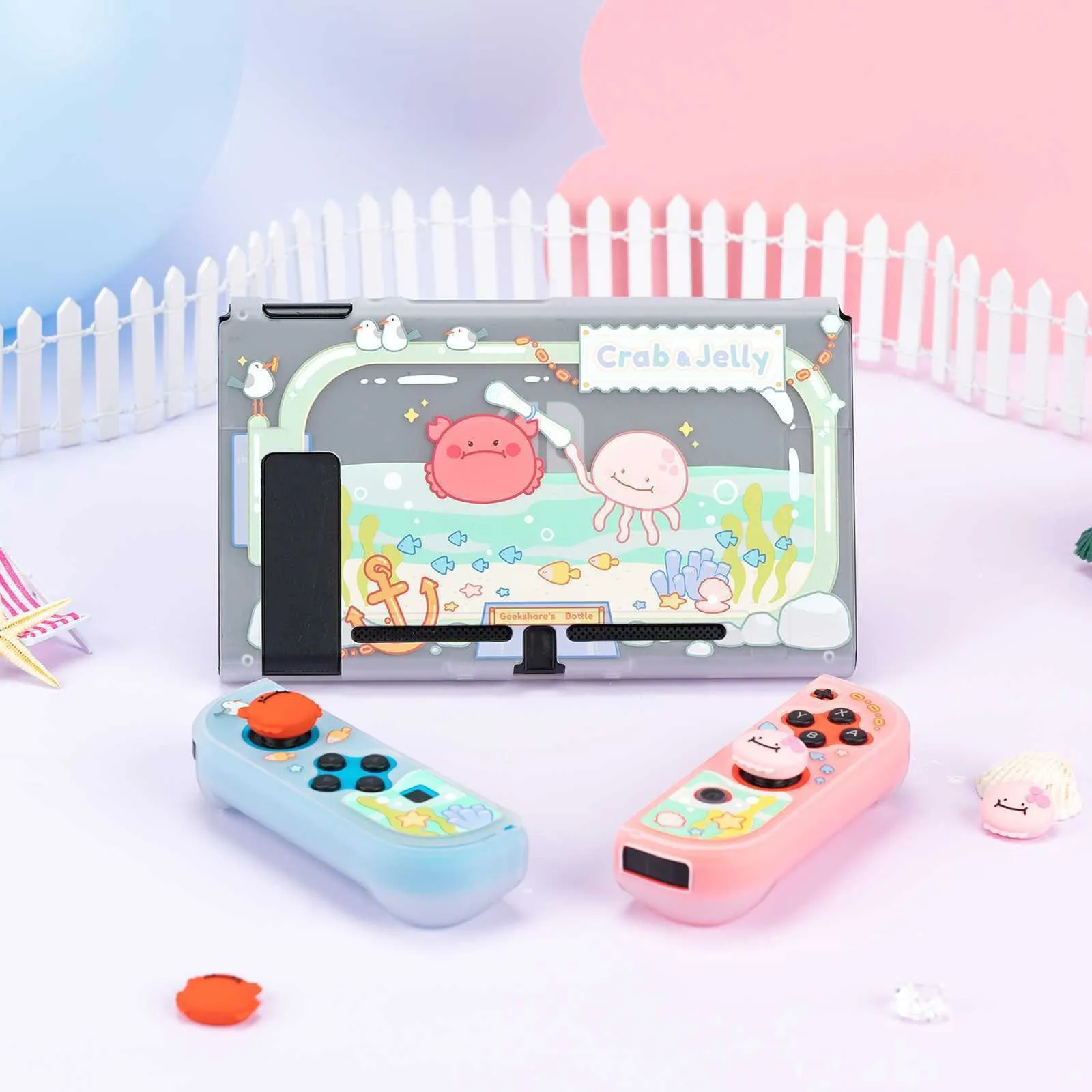 GeekShare-funda protectora de cangrejo y gelatina para Nintendo Switch, carcasa de JoyCon con temática Animal OLED, 4 tapas de agarre para el pulgar de piezas