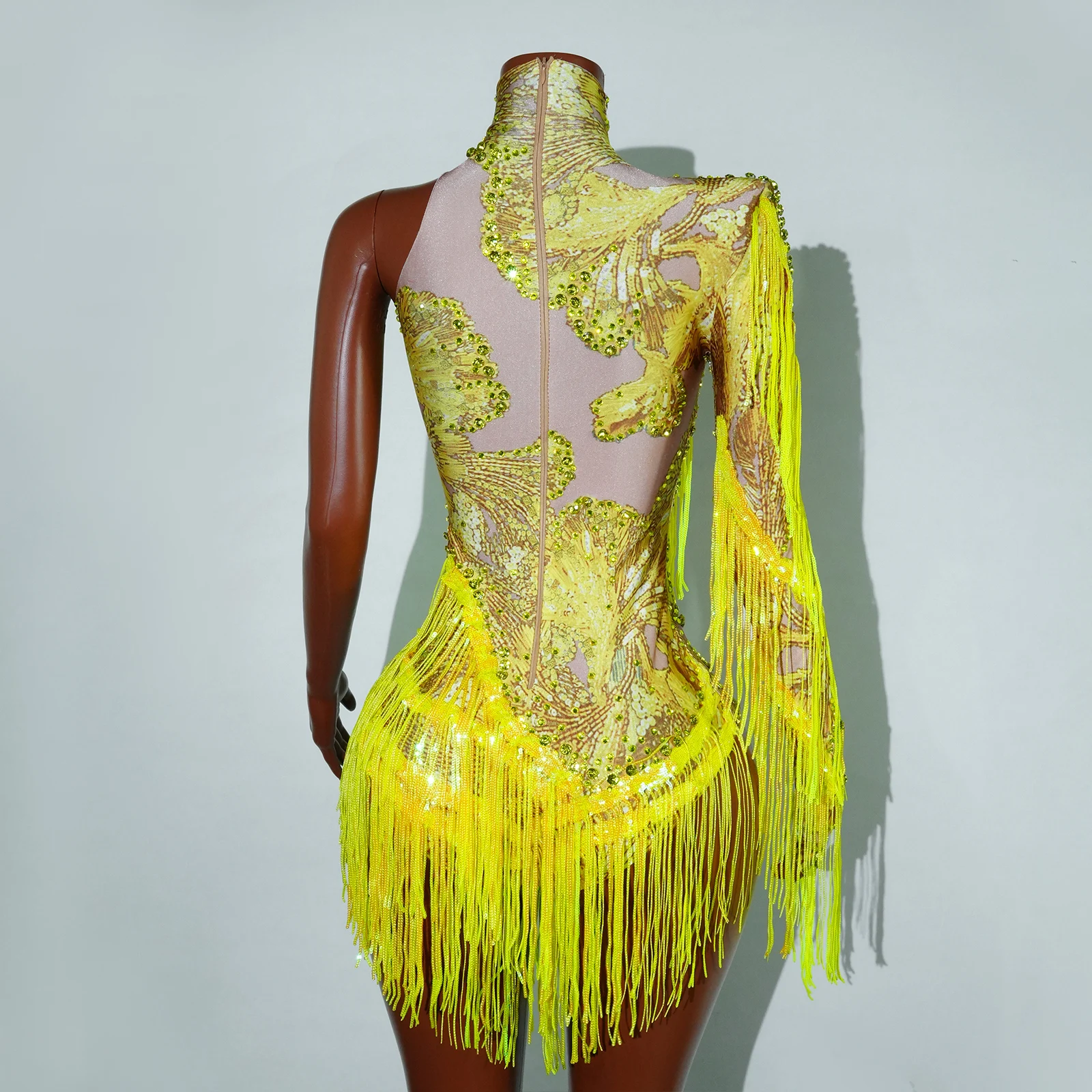 Body de diosa amarilla para mujer, cuello alto, manga única, diamantes de imitación, lentejuelas, Drag Queen, Cabaret, disfraz de escenario actuación en club nocturno