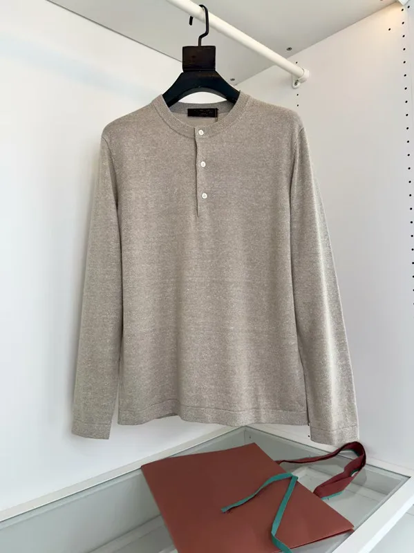 

Italian LP old money style 25 spring and autumn bottom wool mixed linen Henry collar long sleeve T-shirt