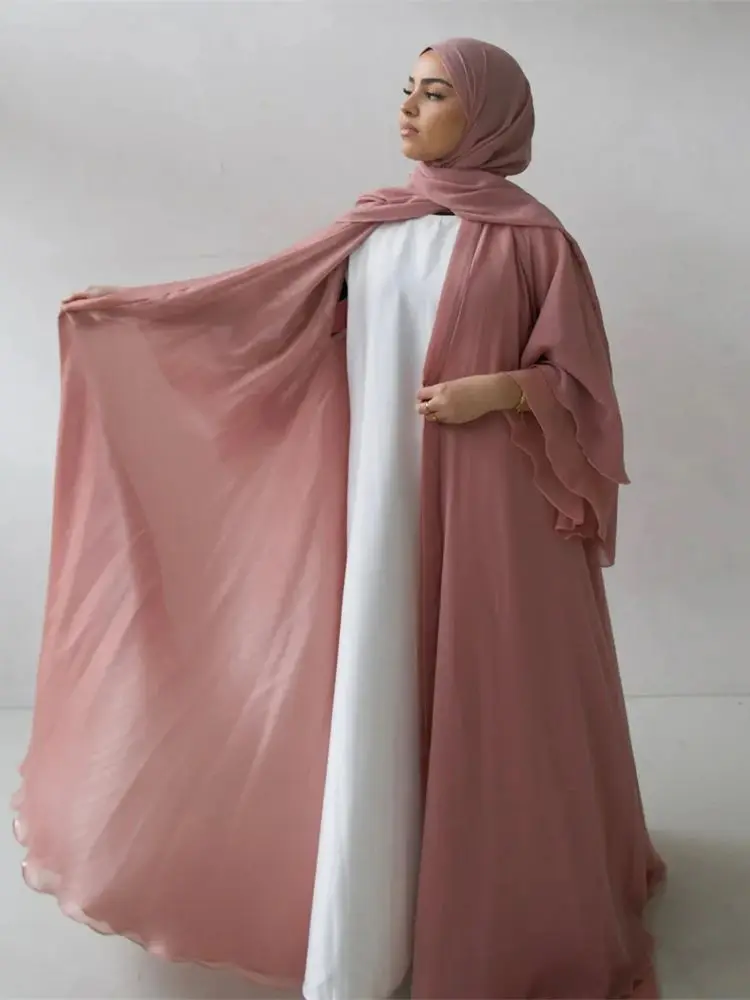 Eid Organza Chiffon Double-sided Wear Kimono Abaya Dubai Muslim Modest African Dresses For Women Kebaya Kaftan Islam Robe Femme