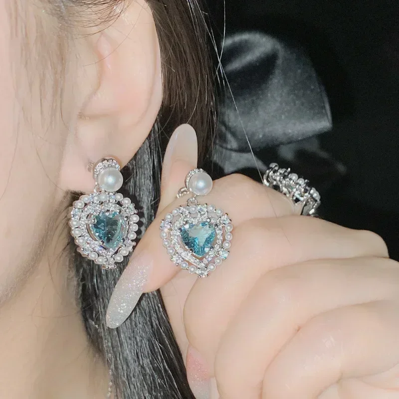 MDL Moissanit1 نمط ضوء فاخر صغير عطرة الرياح الماس أقراط اللؤلؤ وضعت مجموعة أقراط القلب مشع #2