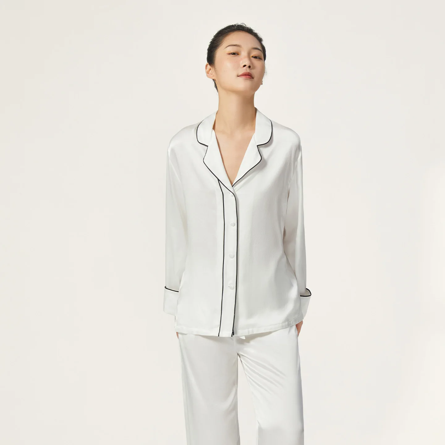 

19MM 100% Mulberry Silk Pajamas Set Women Lapel Long Sleeve Shirt Wide Leg Pants Loungewear Suit Elegant Ladies Sleepwear Outfit