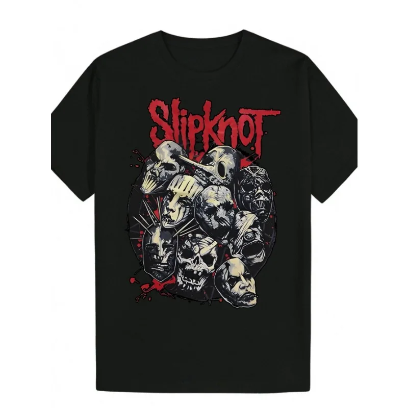 Men s Slipknot Graphic Tee - Casual Black Polyester T-Shirt with Skull Design  Round Neck  Machine Washable for Summer